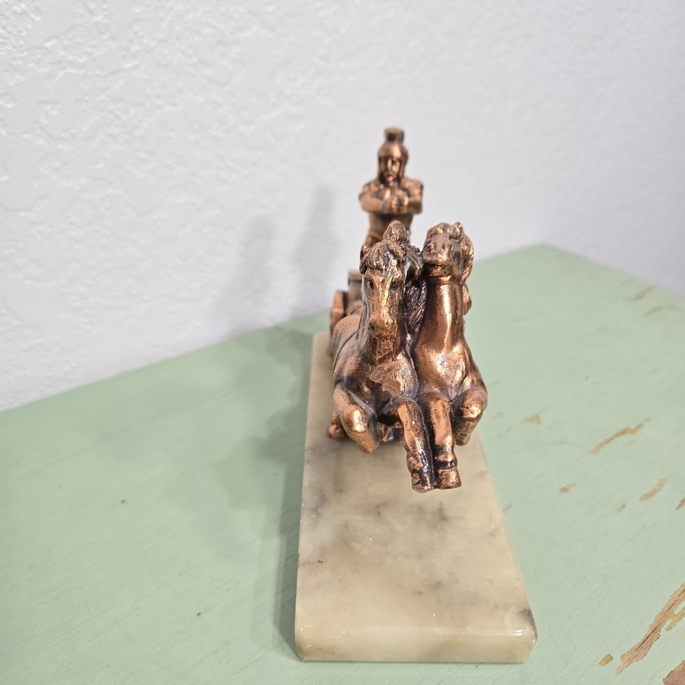 Roman Greek Soldier Warrior 2 Horse Chariot Copper Bronze Plate Marble Base - Picture 3 of 7
